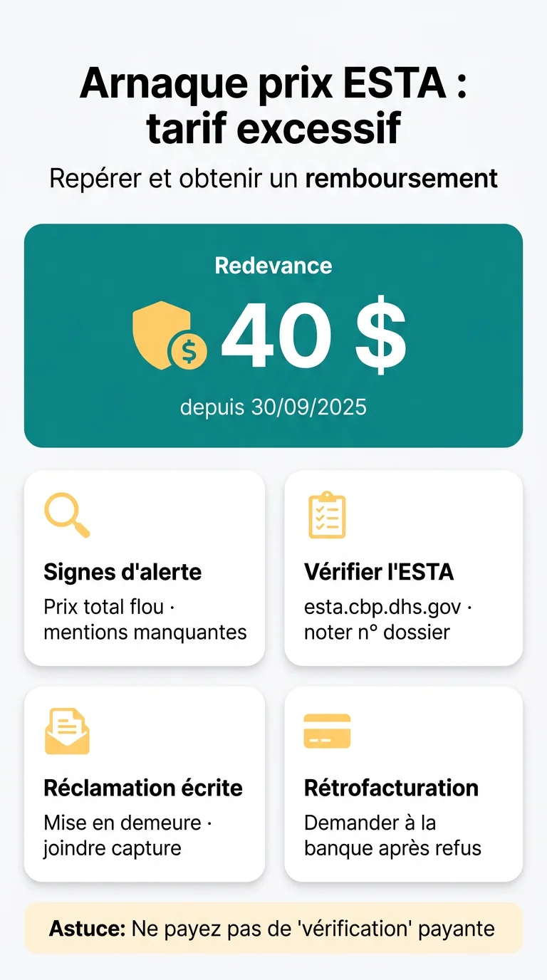Infografika: Arnaque prix ESTA tarif excessif : comment la repérer et obtenir un remboursement