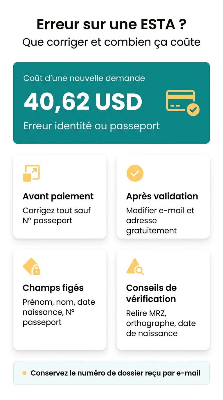 Infografika: Erreur dans la demande ESTA comment corriger : nom, numéro de passeport et adresse