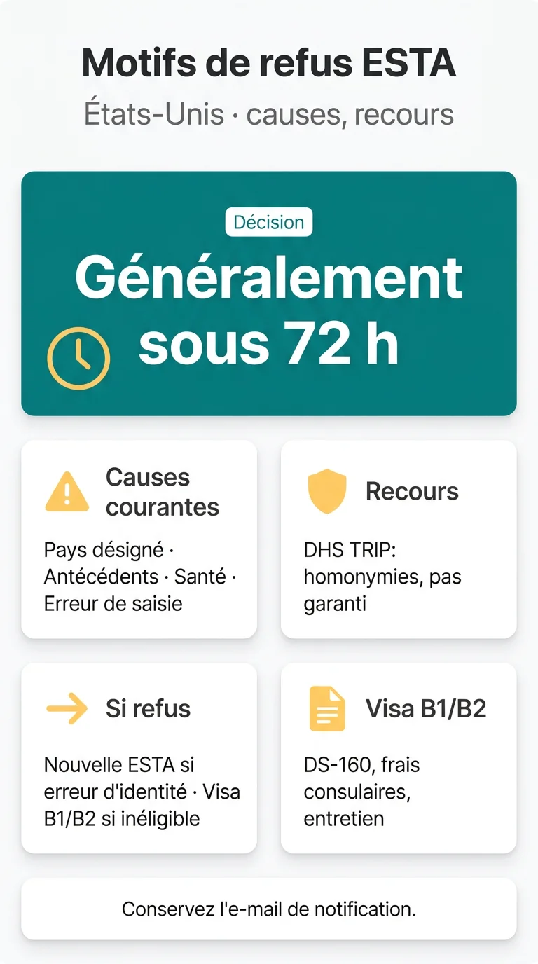 Infografika: Motifs de refus ESTA États-Unis : causes, recours DHS TRIP et visa B1/B2